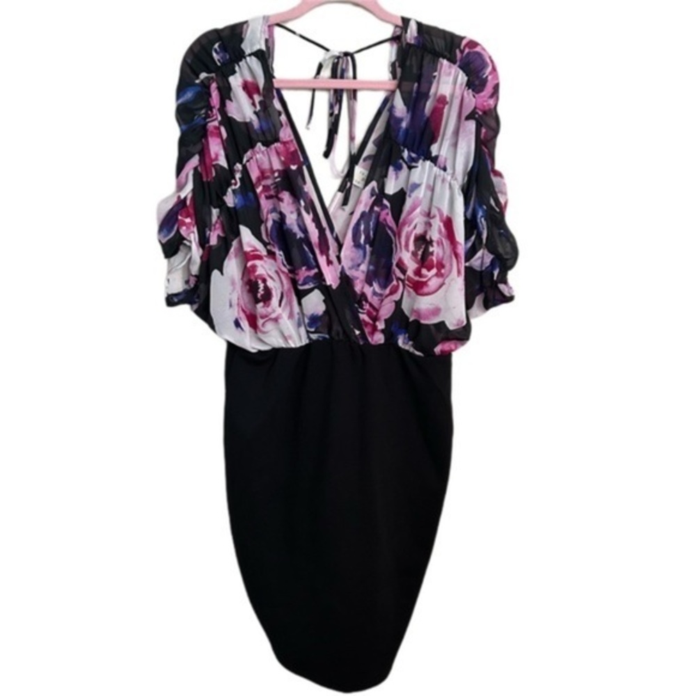 NWOT Womens Plus Black Sheer Floral Deep V-Neck Dress
